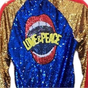 Love & Peace Large Sequinced Embroidered‎ Bomber Jacket K Too SZ S Festival Gold